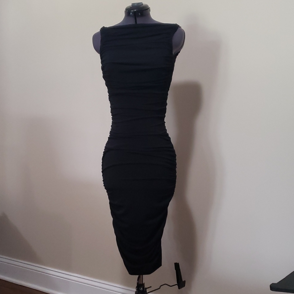 Cache Black Ruched Dress with Open Back